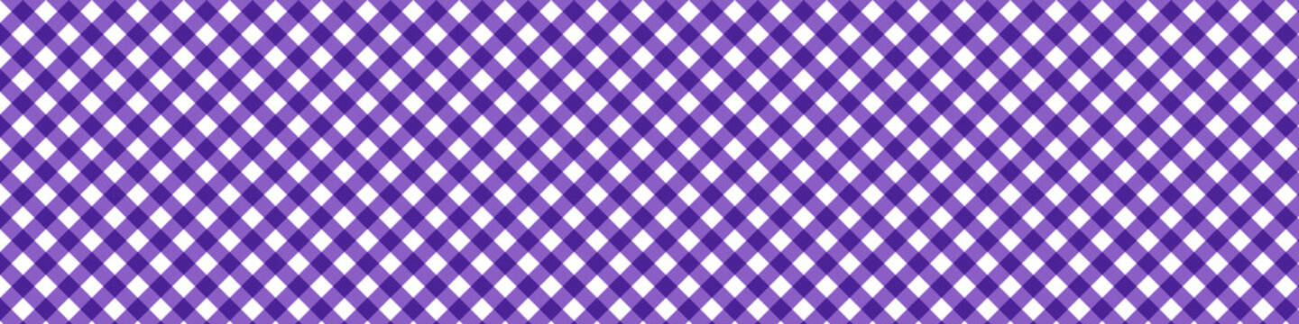 Diagonal purple and white checkered plaid pattern banner background. Seamless gingham textile texture  illustration for wrapping paper.