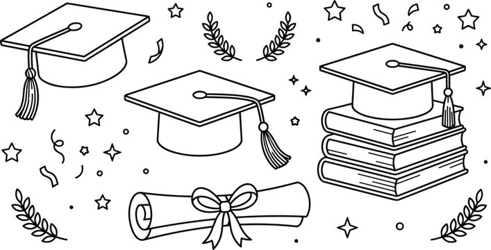 Hand drawn graduation cap scroll books and confetti line art vector elements set isolated on white background.