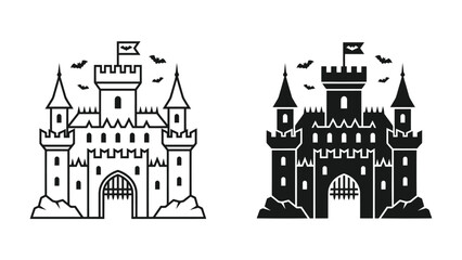 Fantasy Castle Icon: A stylized illustration of a medieval castle, complete with turrets, battlements, and a gate, set against a backdrop of rocky terrain and flying bats. © Md