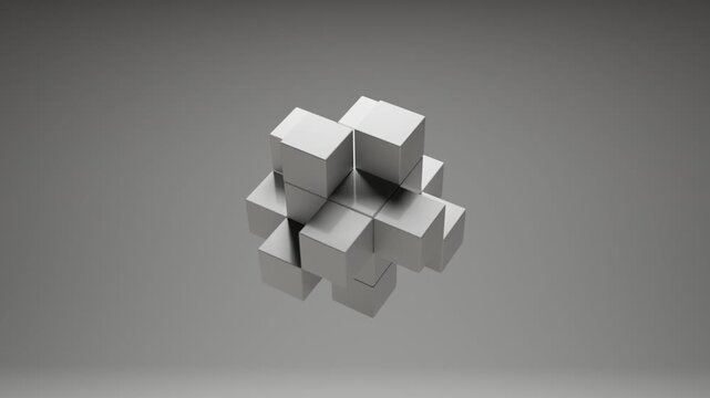 Floating white cubes in monochrome abstract environment, minimal 3D animation with soft single light source, elegant geometric composition, seamless loop, premium digital background