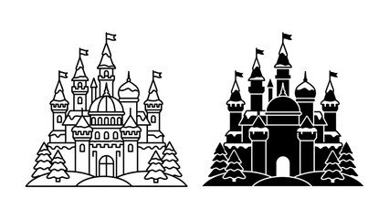 Castle Iconography: Two distinct castle illustrations, one outlined in black and white and the other in a solid black silhouette. © Md