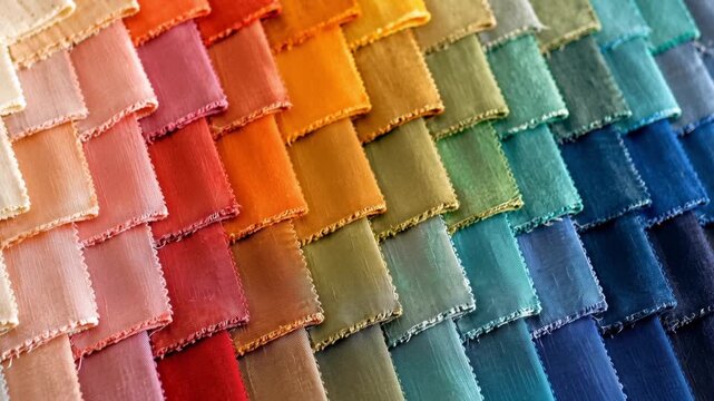 Colorful fabric swatches arranged in gradient pattern  
