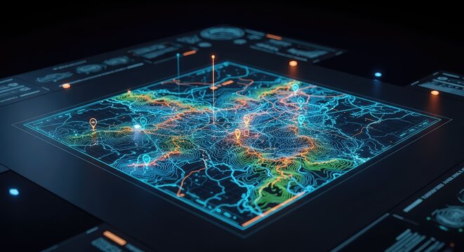 A glowing digital topographic map illuminates a high-tech interface during a strategic mission planning session in a dark command center, blueprint, terrain, military