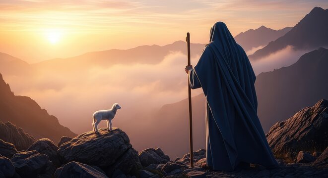 A robed figure with a wooden staff wanders through a misty mountain landscape at sunset to find a small white lamb lost among the rocks, religious, hills, steep