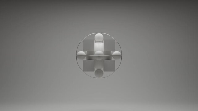 Floating geometric white cube with balls in abstract white space, elegant minimalist 3D animation with subtle directional illumination, seamless architectural digital composition