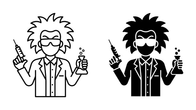 Mad Scientist Icon: A stylized illustration depicts a mad scientist with wild hair, goggles, and a lab coat, holding a syringe and a beaker with bubbling liquid, ready for an experiment.