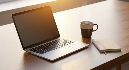 Fototapeta premium Clean wooden desk holding a sleek laptop, ceramic coffee mug, and blank notebook during a bright sunrise with warm golden morning lighting, business, home, beginning