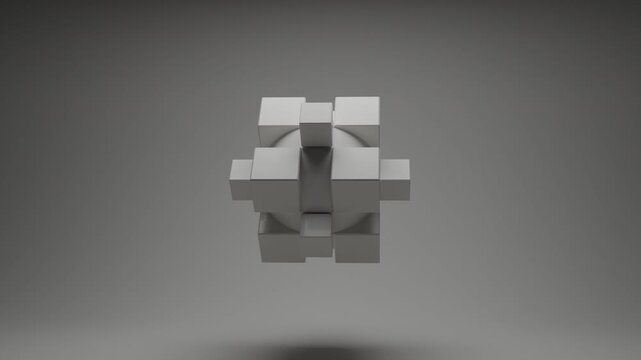 White cube geometric animation in modern abstract architectural space, realistic 3D render with low contrast lighting, seamless monochrome motion background, minimalist design