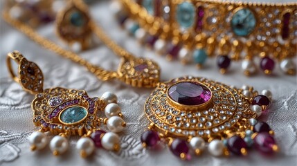 Fototapeta premium Ornate gold jewelry with colorful gemstones and pearls rests on a textured fabric background, showcasing traditional craftsmanship.