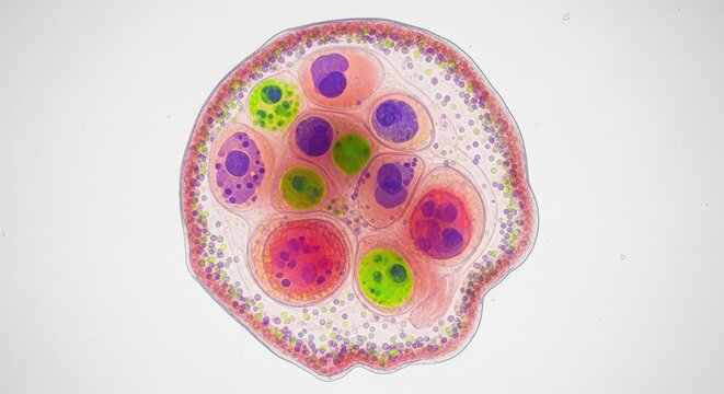 Detailed scientific microscopy of a mammalian embryo at the blastocyst stage displaying complex cellular division and early development stages, cell, embryology, microscopic