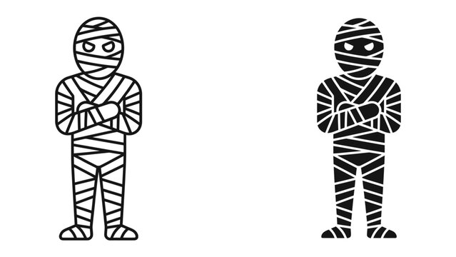 Mummy Icon Set: A graphic representation of a mummy figure, presented in both line art and silhouette styles, showcasing a character wrapped in bandages.