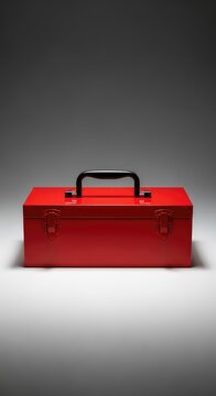 Durable red metal toolbox with a heavy-duty black handle resting on a neutral surface, perfect for organizing manual tools and hardware, workshop, supplies, industrial