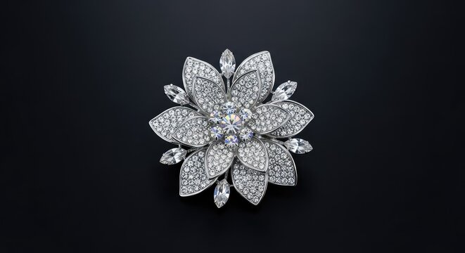 Elegant floral brooch featuring sparkling rhinestones and delicate silver petals, artistically positioned against a dark black backdrop, contrast, dark, decoration