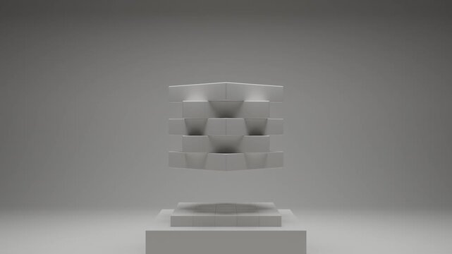 Minimal abstract 3D environment with white cubes and white background, soft directional light creating delicate shadows, seamless modern geometric animation, premium digital render