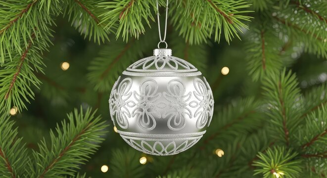 Elegante pallina natalizia in argento lucido con raffinati motivi decorativi, sospesa su un ramo verde circondata da luci soffuse e calde, glow, metallic, reflection