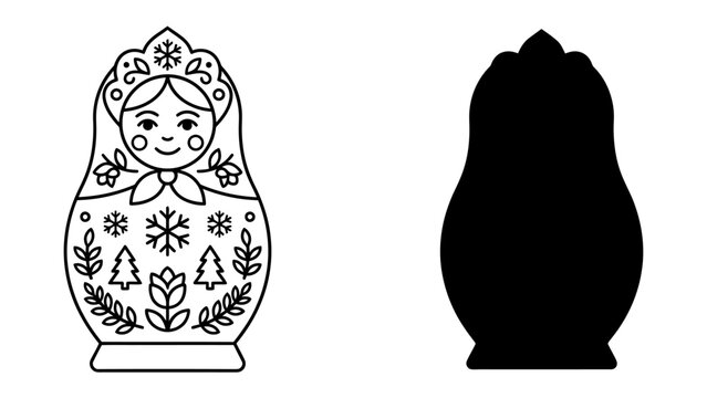 Russian Nesting Dolls: A detailed line drawing of a traditional Matryoshka doll adorned with folk art motifs stands beside its black silhouette, symbolizing art, culture, and craft.