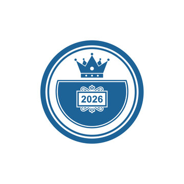Isolated circular royal seal badge with a crown and the year 2026, featuring a geometric star, in prussian blue
