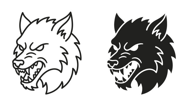 Wolf Head Icon Set: A set of two stylized wolf heads, one outlined in black and white and the other a solid black silhouette, both displaying fierce expressions with bared teeth.