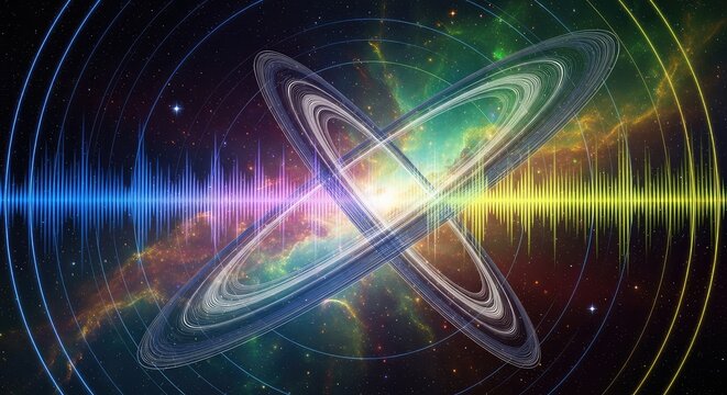 Massive orbital rings span a deep nebula, emitting glowing multi-dimensional frequency waves through the vast cosmic interstellar void, futuristic, energy, void