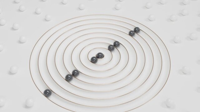 Minimal abstract 3D motion graphics featuring black spheres surrounded by golden geometric objects on white background, clean luxury design, seamless animation, modern futuristic visual composition
