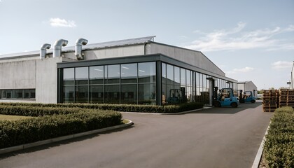 Fototapeta premium Modern Industrial Warehouse and Office Building Exterior with Glass Facade and Logistics Access