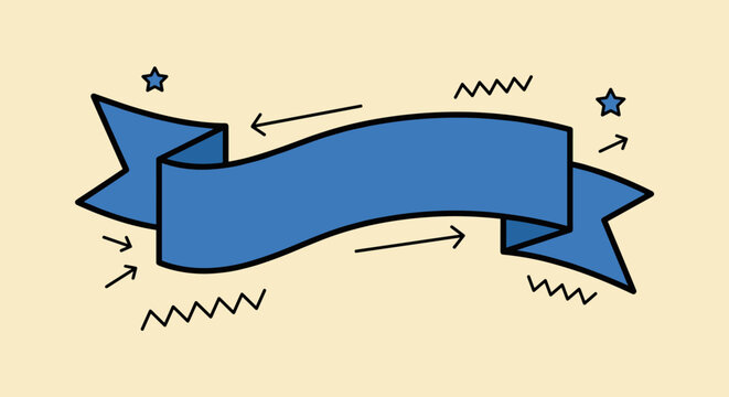 Flat design vector illustration featuring a curved blue ribbon banner with two V-shaped split ends and surrounding abstract elements, ideal for text or announcements