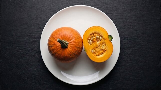 Calabaza oto&ntilde;al en plato blanco sobre pizarra negra