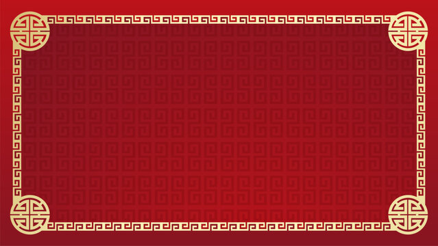 Traditional Red Chinese Banner Background with Golden Longevity Symbols and Greek Key Border for Lunar New Year Festive Design