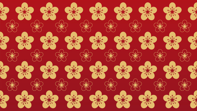 Traditional Red Asian Plum Blossom Seamless Pattern Background with Golden Floral Motifs for Chinese New Year Design