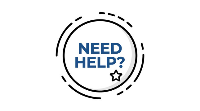 Flat design vector illustration featuring a circular badge with a thick bold outline and the text "need help?" surrounded by a clear