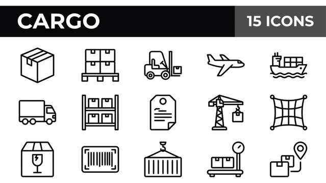 Cargo logistics line icons, 15 shipping and delivery vector elements, warehouse transport and freight service set