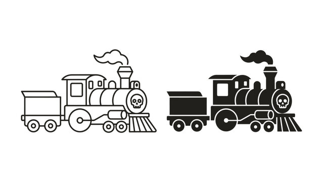 Steam Engine Train Illustration: A classic steam engine train, depicted in both outline and solid black illustration, ready to pull its tender car along the tracks.