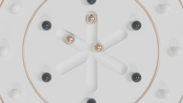 Minimal geometric 3D animation featuring black, white and golden spheres with metallic gold abstract ring on white background, contemporary luxury motion graphics, seamless clean visual composition