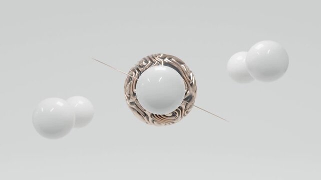 Modern 3D abstract composition with black central orb, golden elements and white minimal background, futuristic luxury animation, clean seamless loop, premium digital motion design