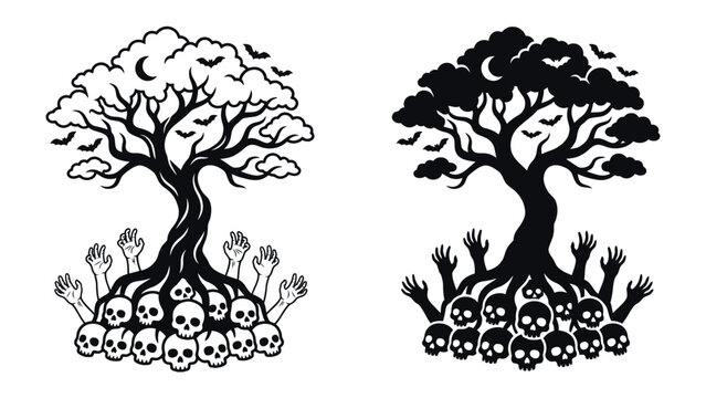 Tree of Skulls and Rising Hands: Two stylized trees with skeletal roots and outstretched hands, set against a backdrop of crescent moon and bats, evoke a dark and mysterious atmosphere.