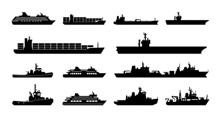 Diverse Cargo and Passenger Ship Silhouettes Collection, Maritime Transport Icons Set, Naval Vessels Vector Graphics for Logistics and Travel Concepts © Rifat
