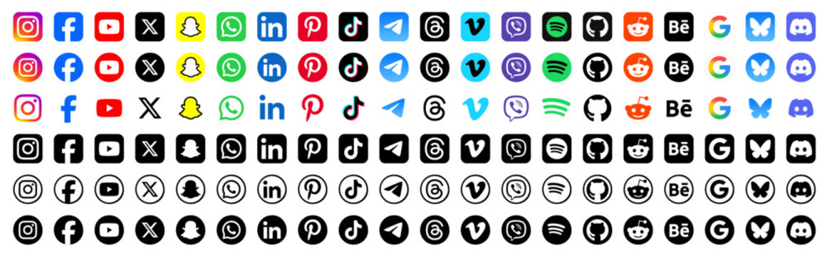  Latest 2026 Social media icons vector set. Social network logos collection. Instagram, Facebook, YouTube, X , Snapchat, WhatsApp, LinkedIn, Vimeo, TikTok, Viber, Threads, BlueSky, Discord.