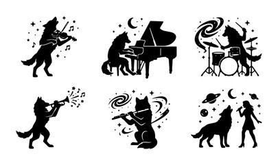 Whimsical Wolf Musicians Vector Set: Playing Violin, Piano, Drums, Trumpet, Flute, and Singing with Human Companion, Cosmic & Musical Elements, Black Silhouettes © Rifat