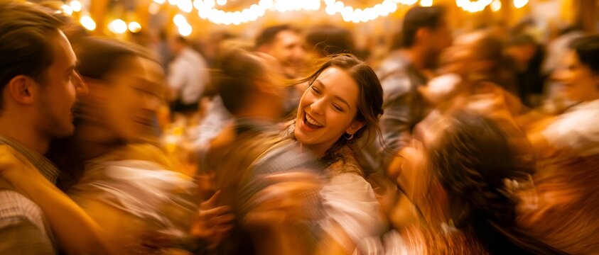 Warm lights glow above joyful dancing crowd. 64k 8k widescreen, HDR,