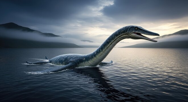 A massive prehistoric creature swims through dark water under a stormy sky while fog settles over the surrounding rolling hills at dawn, dramatic, mysterious, aquatic