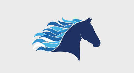 Horse head profile with blue wave mane logo. © mang