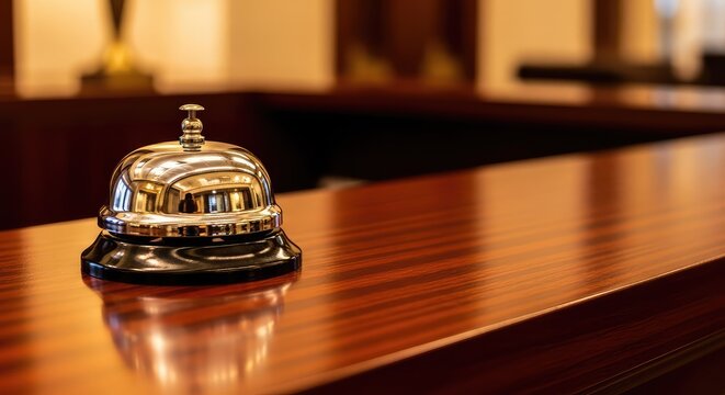 A polished silver service bell sits on a dark mahogany wooden counter in a luxury hotel lobby, illuminated by soft golden ambient lighting, hotel, service-oriented, wood