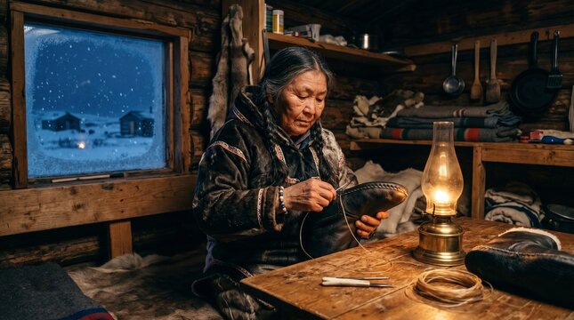 I&ntilde;upiat Artisan Sewing Traditional Seal Skin Boots Inside Arctic Cabin