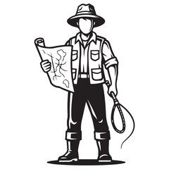 Adventurer explorer vector illustration with map and whip wearing safari hat and vest for travel and discovery themes © Zulfa