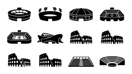 Icon Set of 12 Stadiums and Arenas, Sports Venues, Colosseums, and Modern Architecture Vector Graphics © Rifat