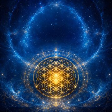 Flower of Life sacred geometry symbol glowing in cosmic space. Golden spiritual pattern with fractal nebula energy. Esoteric meditation background for metaphysical healing concept.