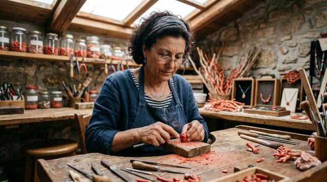 Sardinian Coral Jeweler Hand Carving Red Coral Beads in Artisan Workshop