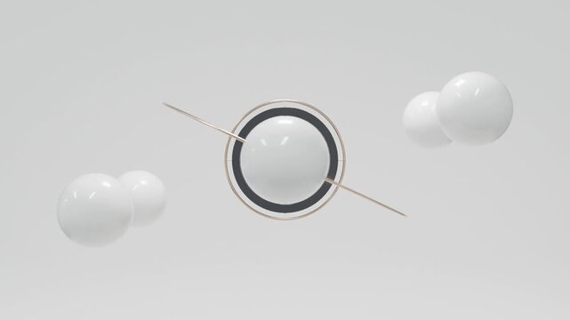 Elegant abstract geometric 3D animation with floating black sphere, metallic golden shapes and clean white background, premium minimal motion graphics, seamless luxury visual backdrop for creative pro