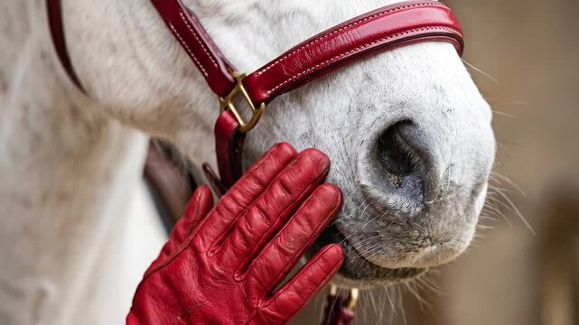 Slow motion closeup of person petting white horse muzzle with red glove and leather halter in stable environment, gentle interaction, natural light