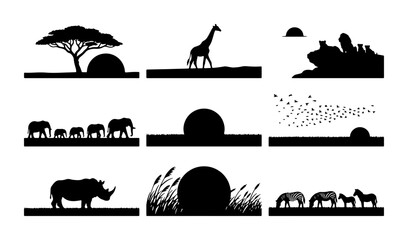 African Wildlife Silhouettes, Safari Animals Collection, Savanna Landscape Elements, Vector Art Set © siam